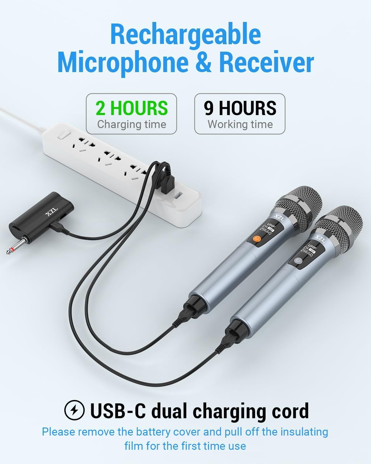 XZL Professional Wireless Microphones for Karaoke Singing, Rechargeable  Dual UHF Dynamic Microphone, with Long-Distance UHF Receiver, Plug and  Play