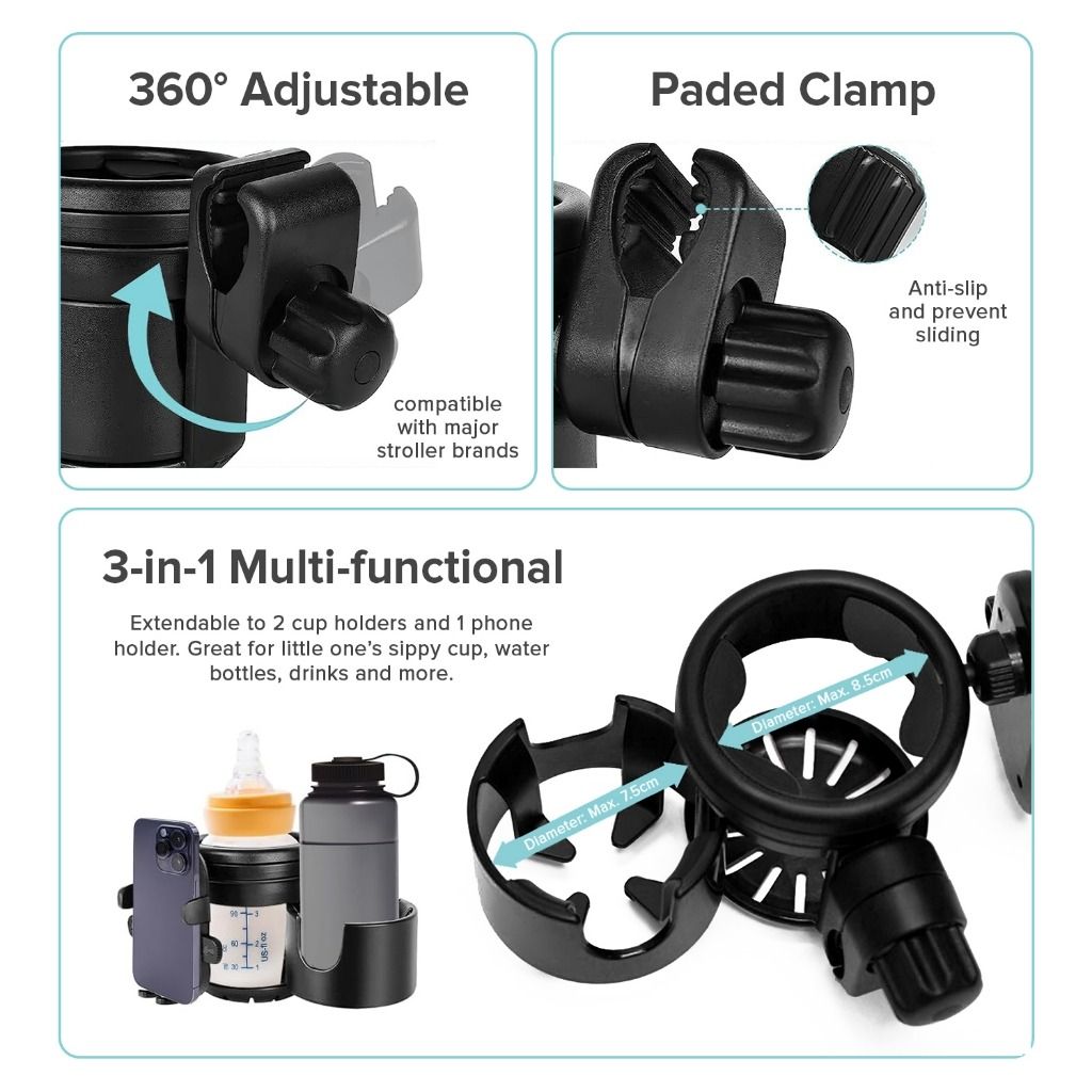 2-in-1 Universal Stroller Water Cup Holder With Phone Holder