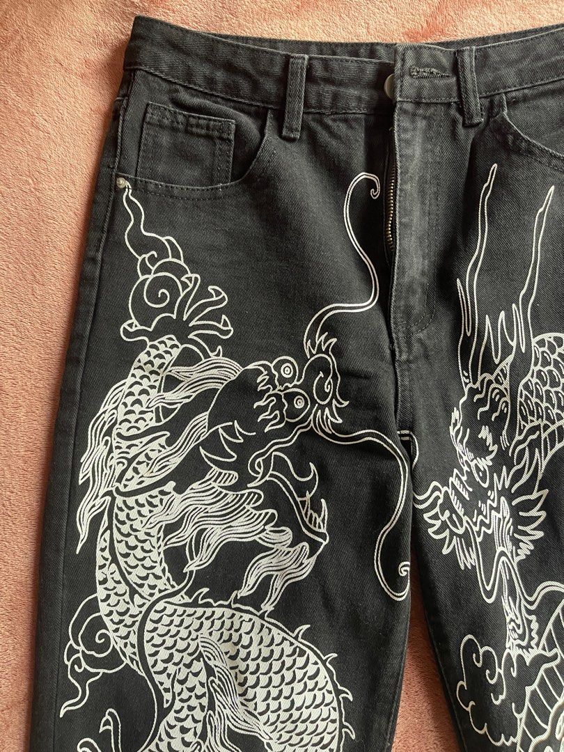 SHEIN EZwear Chinese Dragon Print Jeans