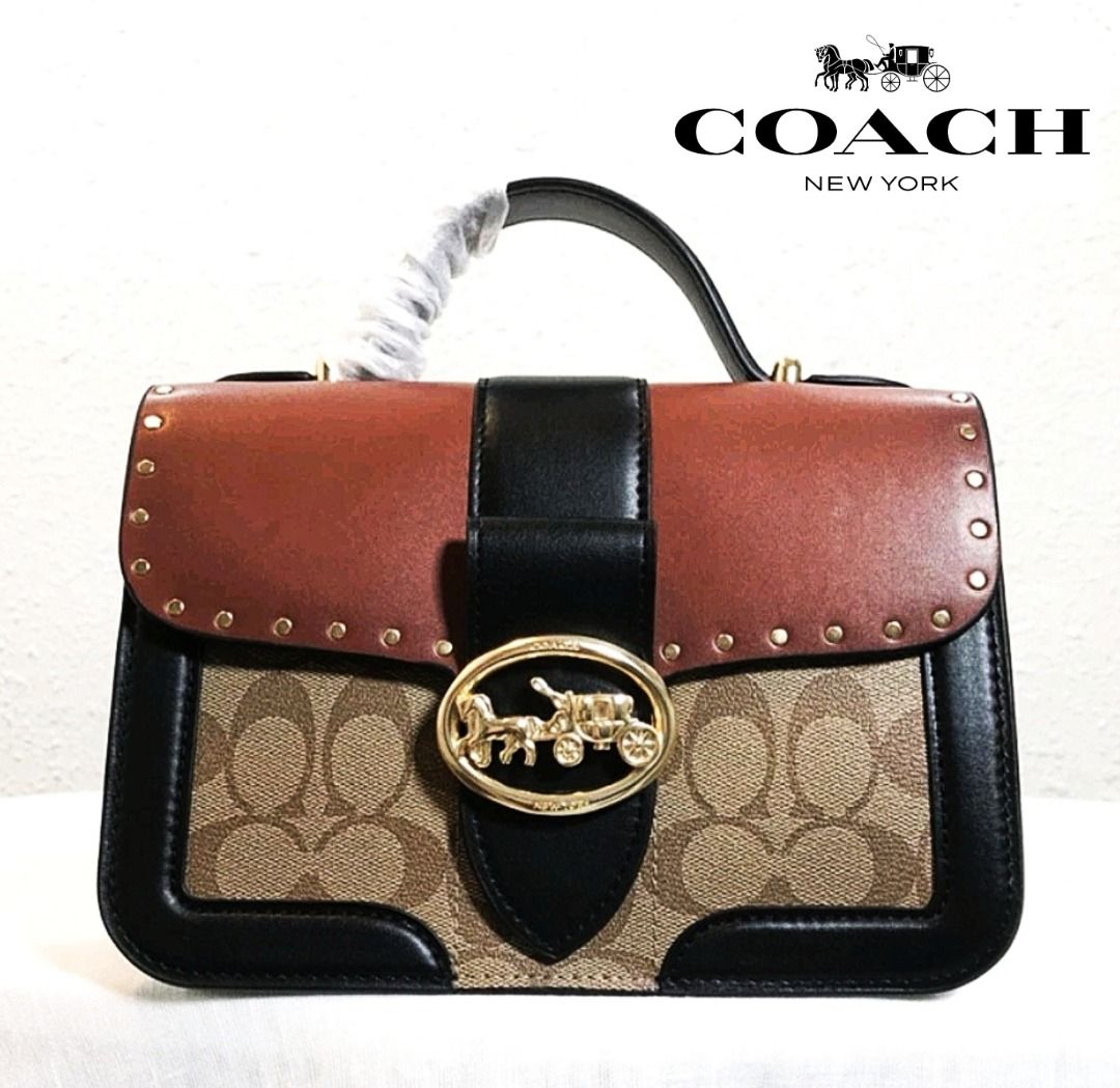 Coach Original GEORGIE TOP HANDLE IN COLORBLOCK SIGNATURE CANVAS WITH RIVETS Crossbody Top Handle Bag For Women Come With Complete Set Suitable For