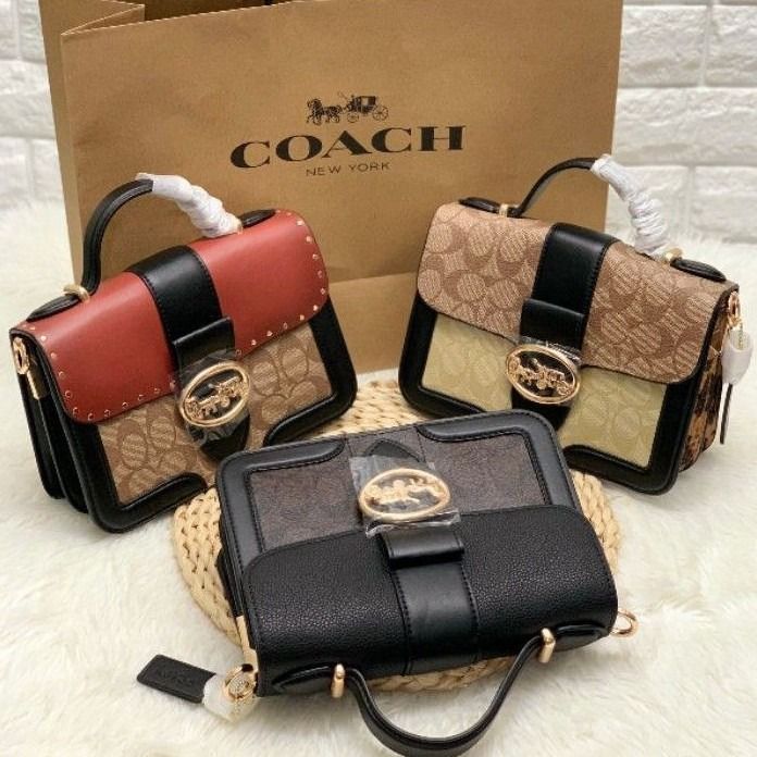 Coach Original GEORGIE TOP HANDLE IN COLORBLOCK SIGNATURE CANVAS WITH RIVETS Crossbody Top Handle Bag For Women Come With Complete Set Suitable For