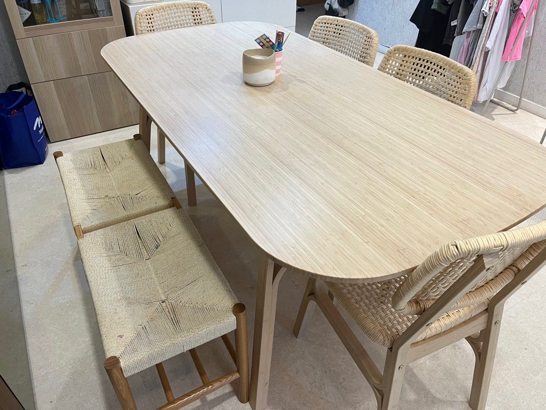 Dining Table Set (Category: Tables & Sets) located in Singapore. Submitted by rorydtranter (Listing ID 1272746080, Image 2). Description: IKEA Bamboo Dining Table with 4 chairs and Bench Seat (fortytwo.sg) w/ additional 2 chairs available Easily cleaned Free delivery for right price.