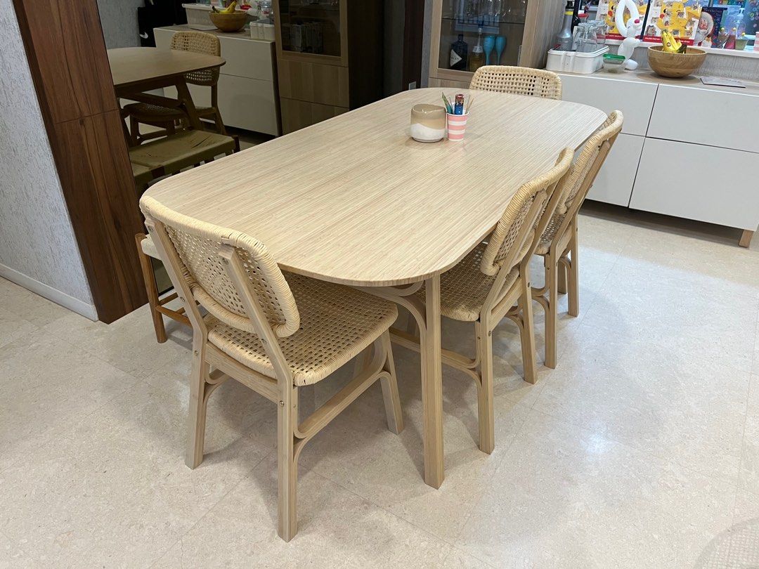 Dining Table Set (Category: Tables & Sets) located in Singapore. Submitted by rorydtranter (Listing ID 1272746080, Image 1). Description: IKEA Bamboo Dining Table with 4 chairs and Bench Seat (fortytwo.sg) w/ additional 2 chairs available Easily cleaned Free delivery for right price.