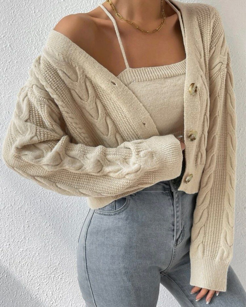 Drop shoulder cable knit cardigan sale