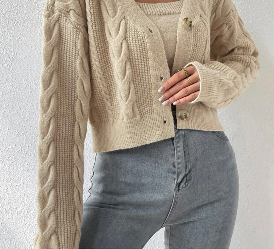 2 piece Drop Shoulder Cable Knit Cardigan Crop Knit Top