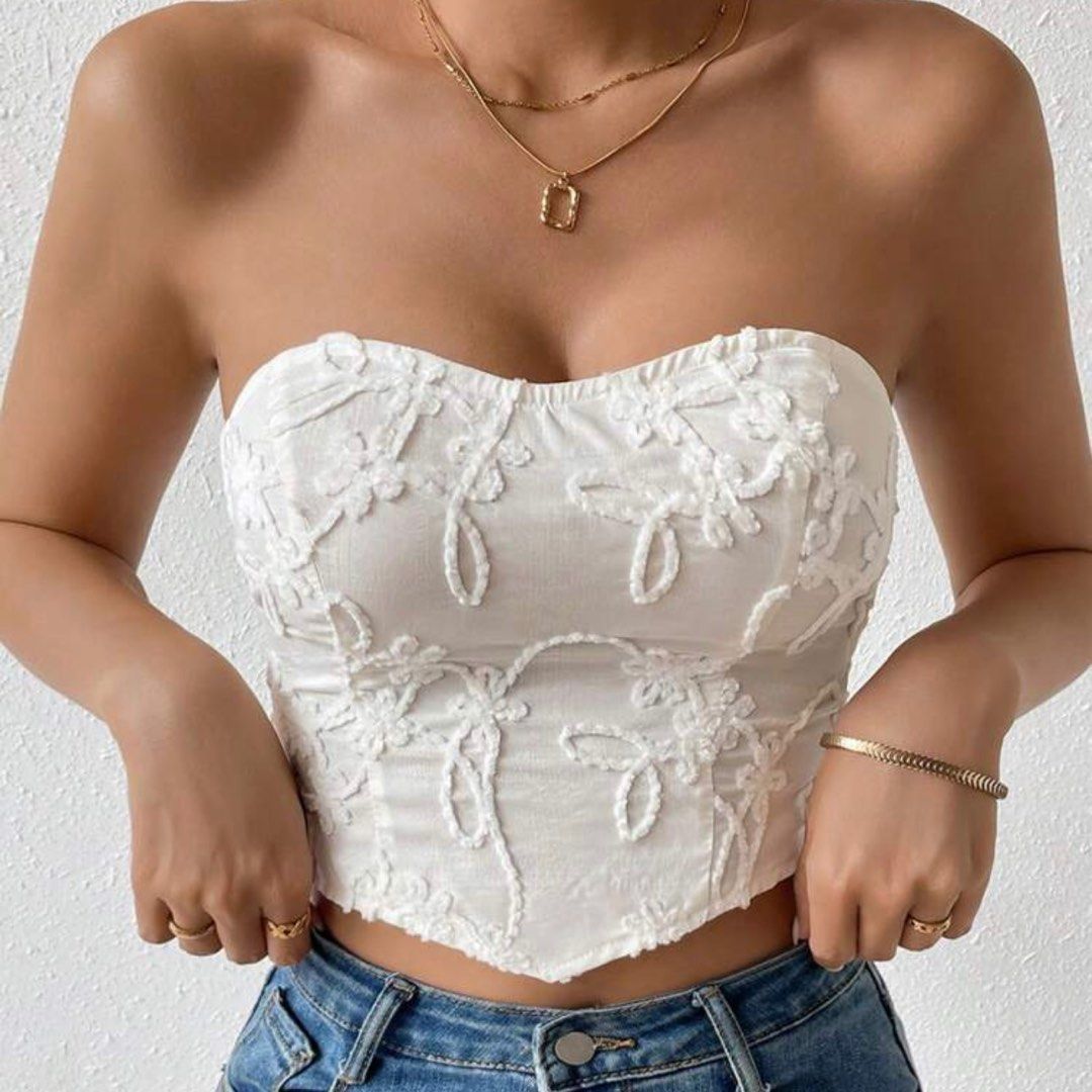 Embroidered White Lace Crop Tube Top Women s Fashion Tops