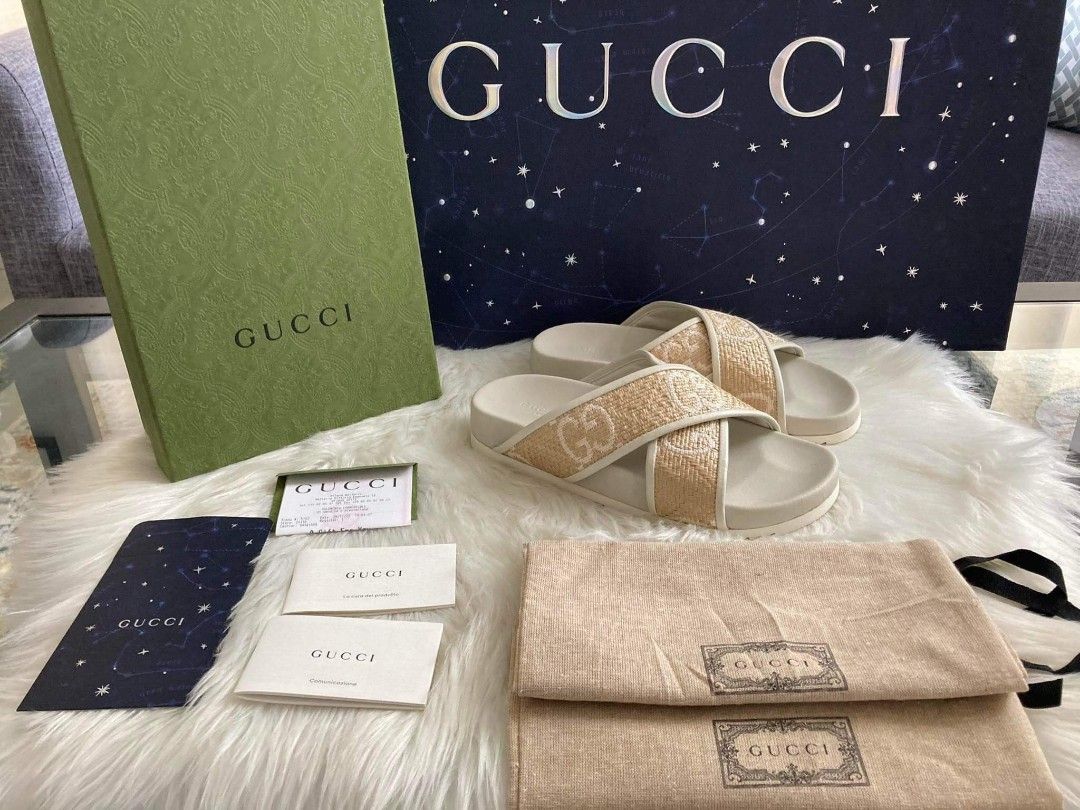Gucci GG Raffia Leather Crisscross Slides Size 6 7 Women s