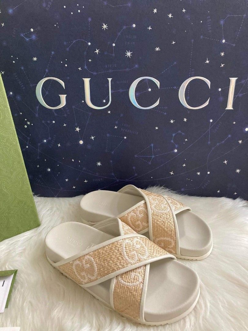 Gucci GG Raffia Leather Crisscross Slides Size 6 7 Women s