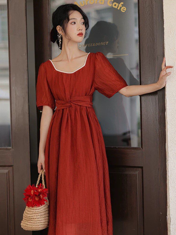 Maroon Red Flare Pearl Neckline Dress Waist Tight Slim Guo Da Li