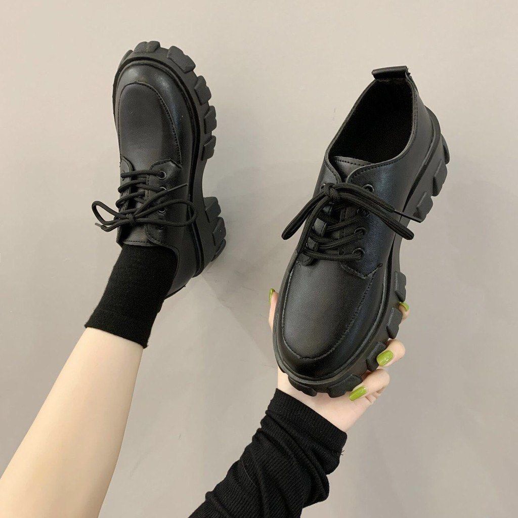 Matte Black Chunky Laced Loafers Women s Fashion Footwear