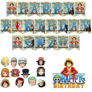 One Piece Theme Birthday Party Banner Cupcake Cake Topper Decoration Personalized