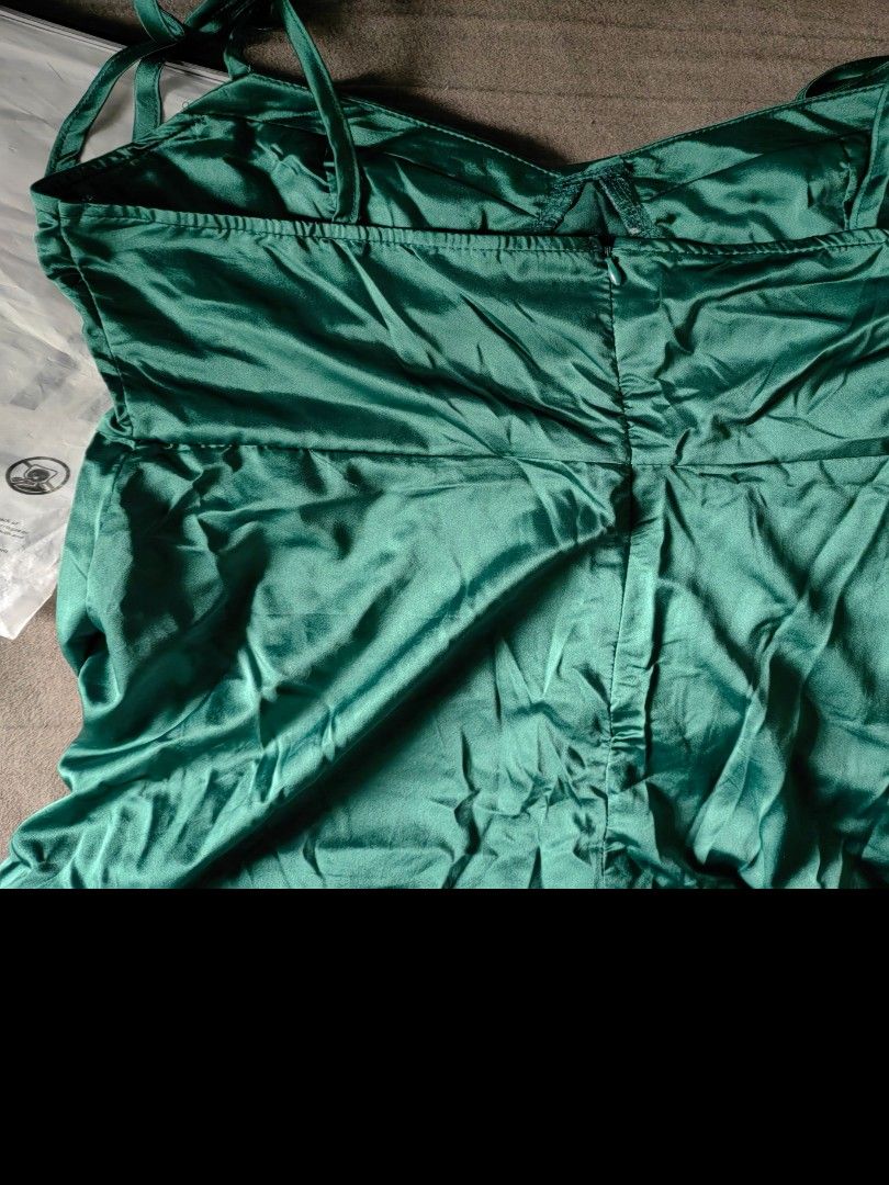 30141 Emerald Green Sheer Sleeve Draped Slit Satin Dress