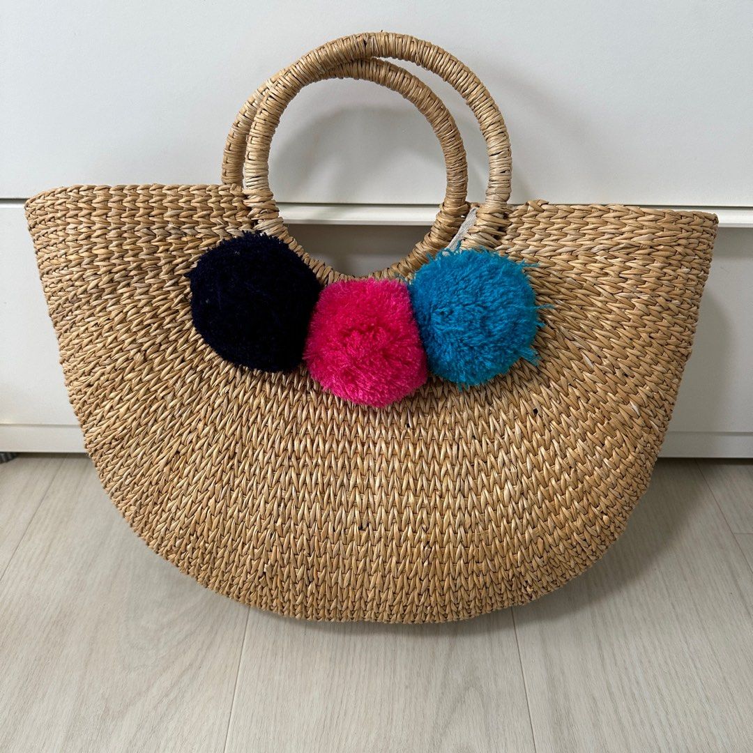 Wicker beach bag sales with pom pom