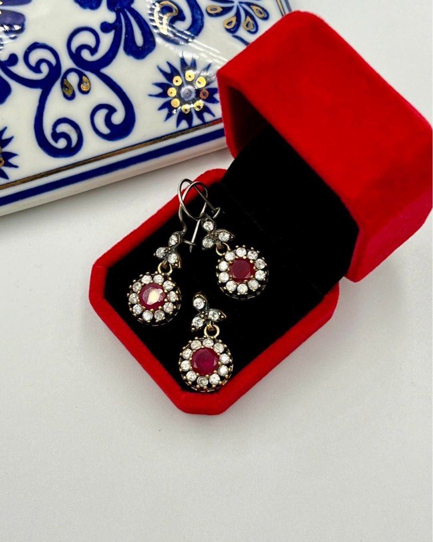Vintage Turkish Ottoman Set (Category: Earrings) located in La Trinidad. Submitted by asna_taku (Listing ID 1272689697, Image 1). Description: Vintage Turkish Ottoman Set Earrings & Pendant Ruby & Cubic Zirconia (2 sets available) 925 Silver with Bronze.
