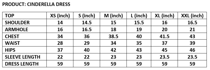 Cinderella couture size chart sale