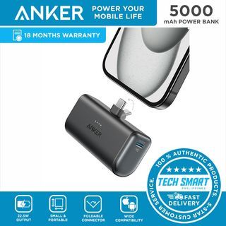 Anker Nano Power Bank with Built-in Foldable USB-C /Lightning Connector, 5,000mAh Portable Charger 22.5W, for iPhone 15/15 Plus/15 Pro/15 Pro Max, 12/13/14 Samsung S22/23 Series, Huawei, iPad Pro/Air, AirPods, and More
