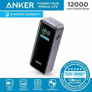 Anker Prime Power Bank, 12,000 mAh 2-Port Portable Charger with 130W Output, Smart Digital Display, Compatible with iPhone 15/14/13 Series, MacBook, Dell