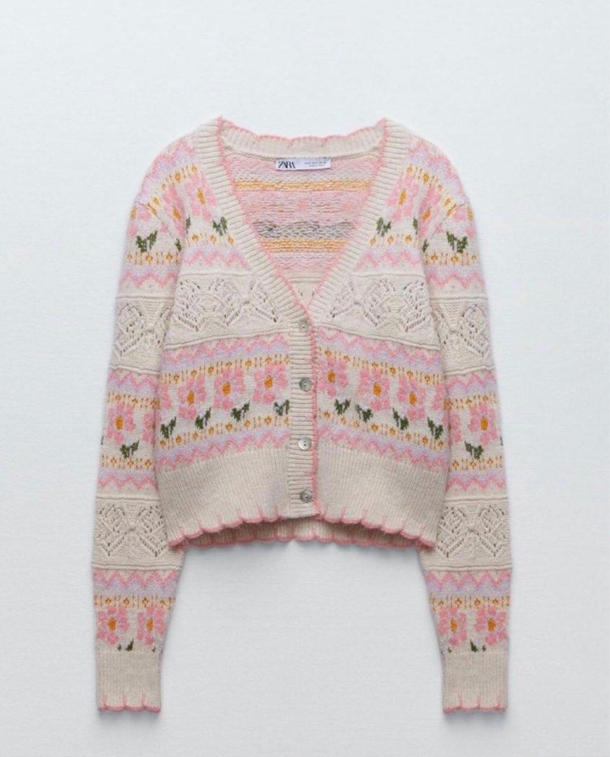 Pink Flower Cardigan Zara Cardigan Zara Knit Rajut Flower, Fesyen