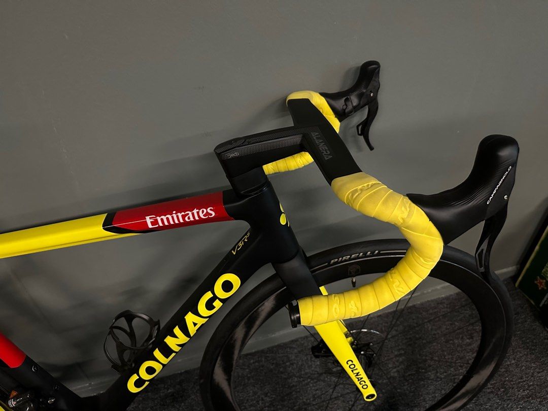[PROMO] Colnago V3RS Yellow Jersey Edition Full Bike (Category: Bicycles) located in Singapore. Submitted by biketechnik (Listing ID 1272967487, Image 3). Description: 2022 Tour De France Tadej Pogacar Yellow Jersey Edition going at a special price! Only Unit Available Size 50s - Campagnolo Super Record EPS 12s - Campagnolo WTO Bora Ultra 45 Wheelset - Deda Elementi Alanera 42/110 - Pirelli P Zero Tyres - Hand Signed Yellow Jersey by Tadej Pogaca