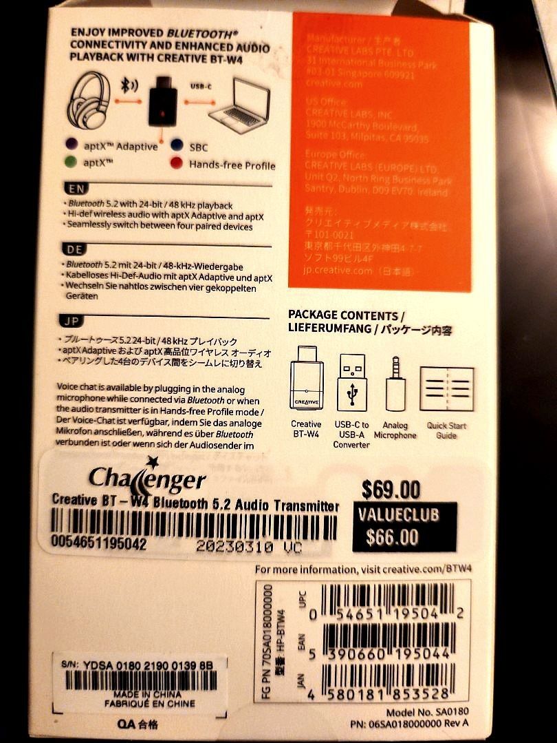 Creative BT-W4 Bluetooth 5.2 AptX Adaptive dongle63060897387009111