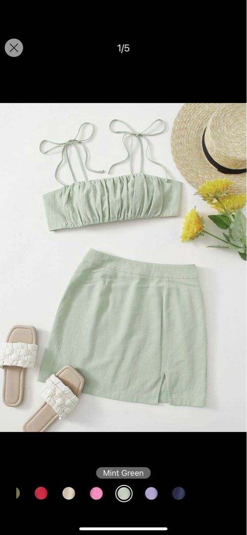 knot shoulder tie back top & split skirt set (Category: Sets or Coordinates) located in Manila. Submitted by fitsdeclutter (Listing ID 1272996945, Image 2). Description: used once bought it for ₱600 love the quality in actual rfs: gained weight.