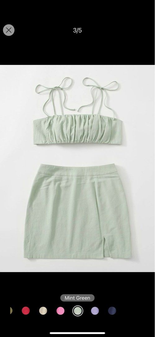 knot shoulder tie back top & split skirt set (Category: Sets or Coordinates) located in Manila. Submitted by fitsdeclutter (Listing ID 1272996945, Image 1). Description: used once bought it for ₱600 love the quality in actual rfs: gained weight.