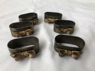 Lot of 6 Vintage Silver Plated Napkin Rings with Gold Decorative Bow  C3