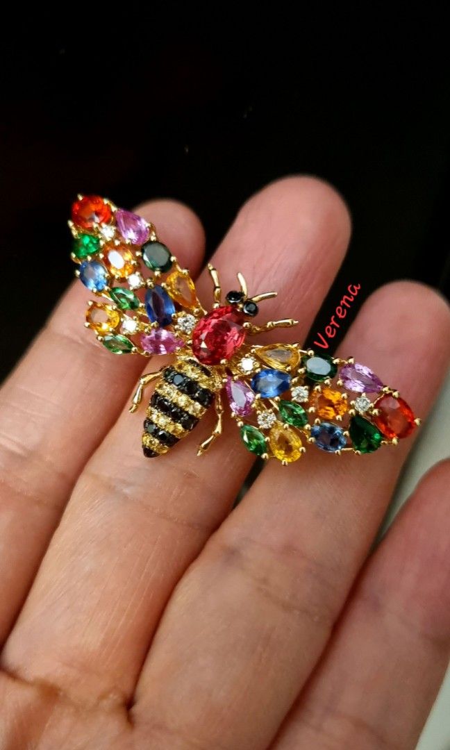 MULTI COLOURED SAPPHIRE DIAMOND BUMBLE BEE RING IN 18K SOLID YELLOW GOLD NON FLAPPING WINGS FINAL PIECE