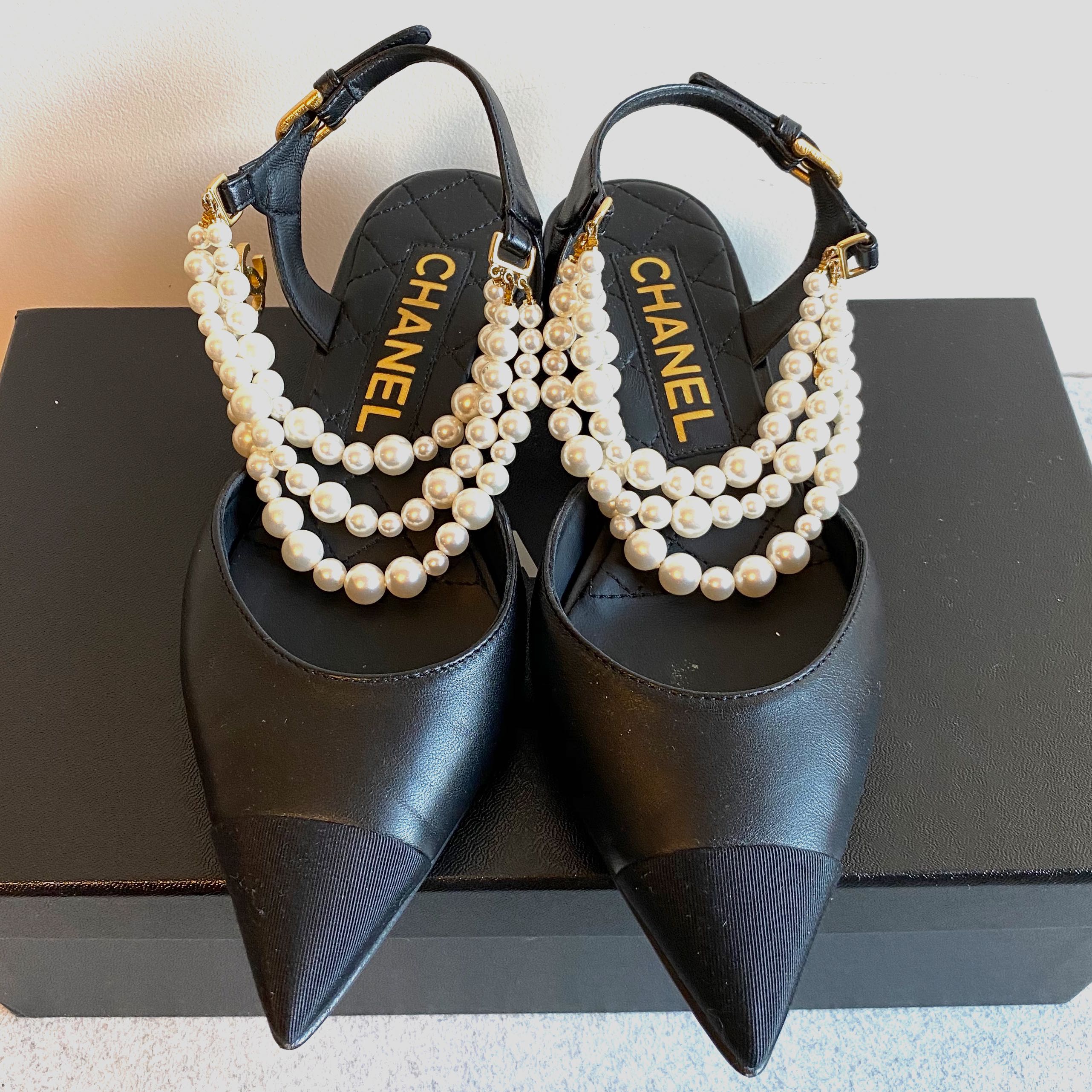 CHANEL Slingback Pearls CC Logo Heels Two Tone Leather Satin Shoes