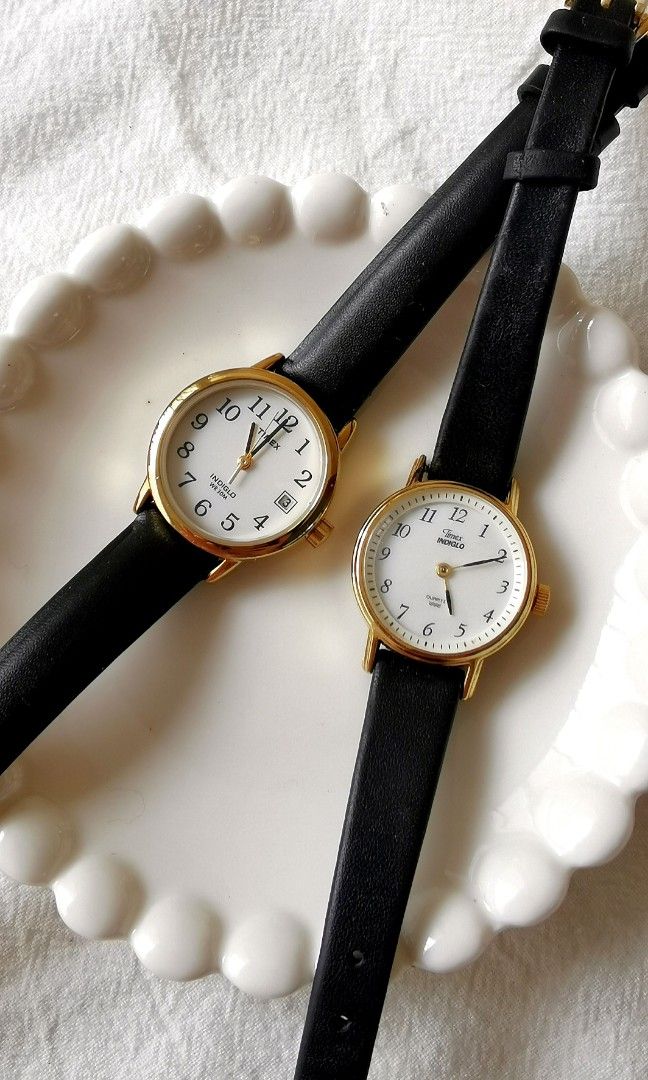 Vintage Timex Black Strap Gold dial elegant watch