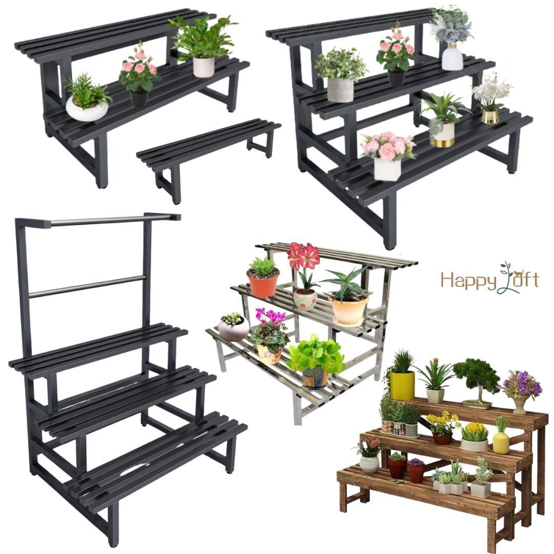 Wooden Plant Rack Stainless Steel Rack Outdoor Indoor Plant Stand Step ...