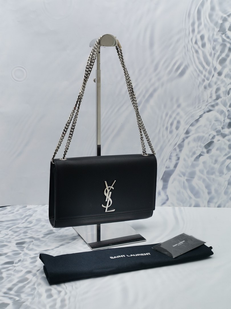 NEW YEAR SALE YSL SAINT LAURENT KATE MEDIUM IN BLACK GRAIN DE POUDRE EMBOSSED LEATHER SILVER CHAIN BAG