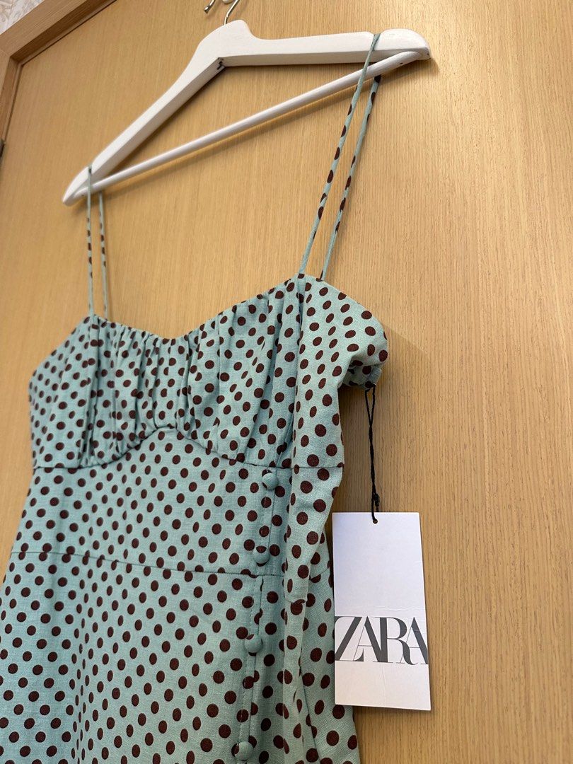 Zara Linen Ruffled Polka Dot Dress Zara ZARA GREEN LINEN BLEND MINI STARPPY  POLKA DOT PRINT DRESS WITH RUFFLE SIZE Xs