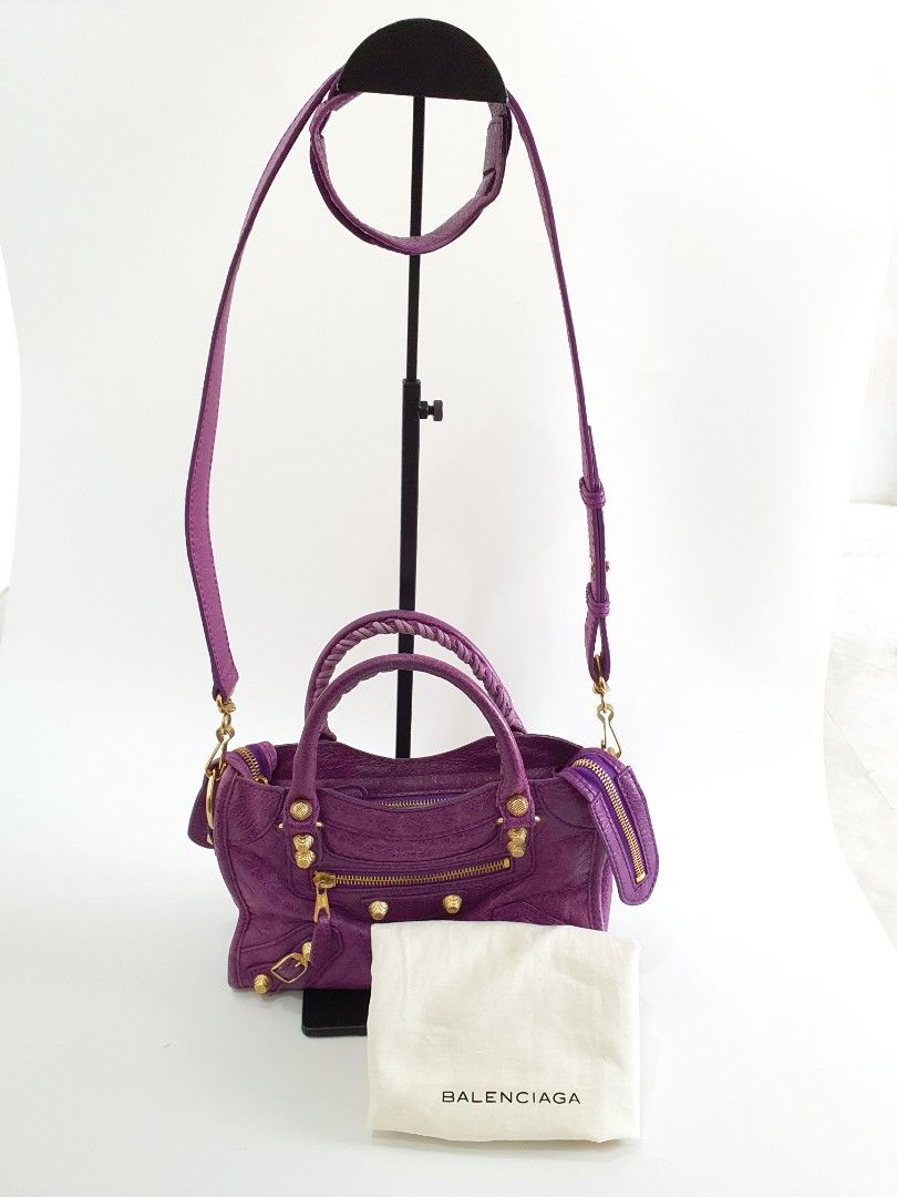 BALENCIAGA MINI CITY TOTE PURPLE LEATHER GOLD HARDWARE WITH DUST