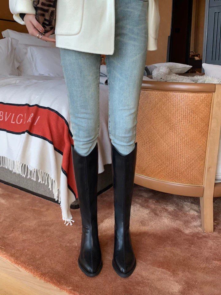 Black Leather Long Boots Women s Fashion Footwear Boots on