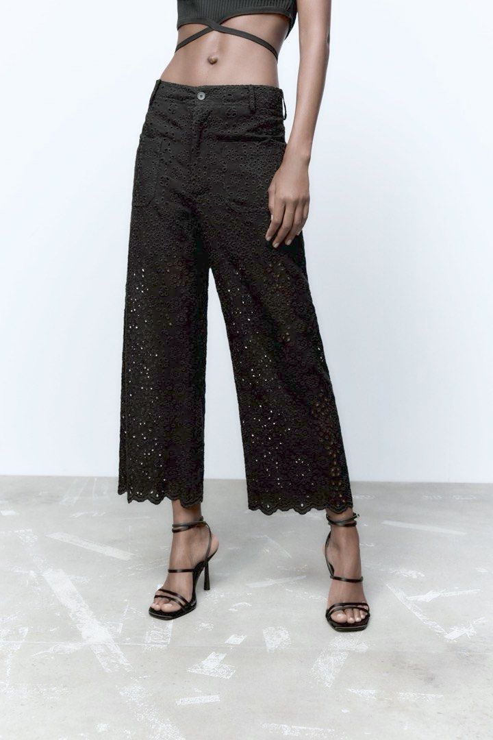 BNWT Zara Trousers Pants with Cutwork Embroidery in Black