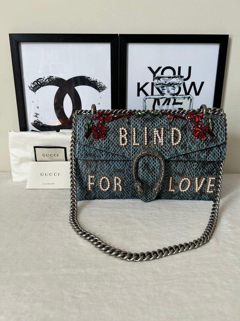 Gucci Python “ Blind for Love” Small Dionysus Bag (Category: Luxury Bags & Wallets) located in Manila. Submitted by bagislifeshop (Listing ID 1273326511, Image 1). Description: ☑️Available in Pampanga ✅Condition: 8.8/10 ✅Material: Python, crystals & pearls ✅Colour: Marine blue ✅Size: 11” L x 4” W x 6.5” H ✅Inclusions: Dustbag and cards .