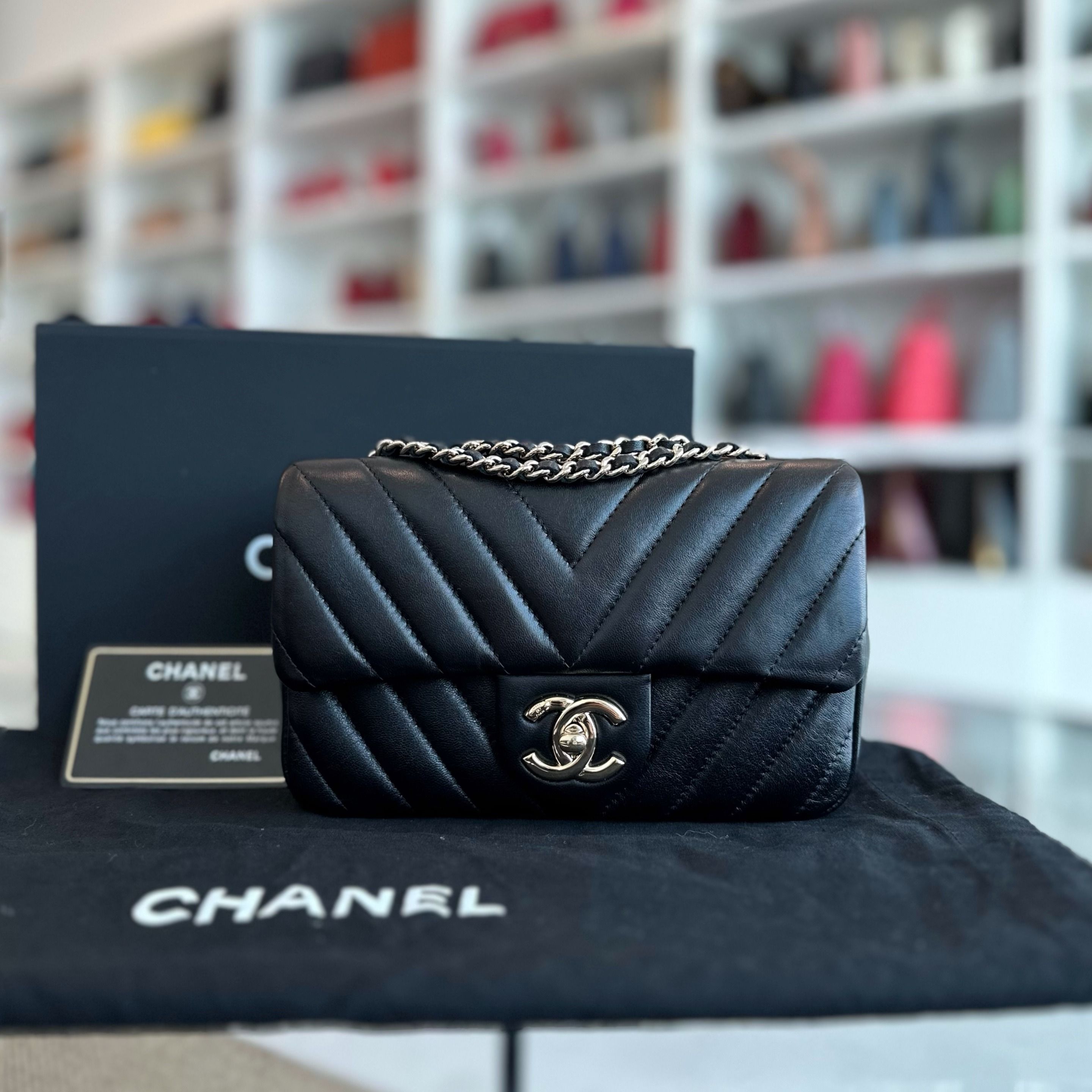 Like New Chanel Mini Rectangular Classic Flap 20CM Chevron Lambskin Black LGHW