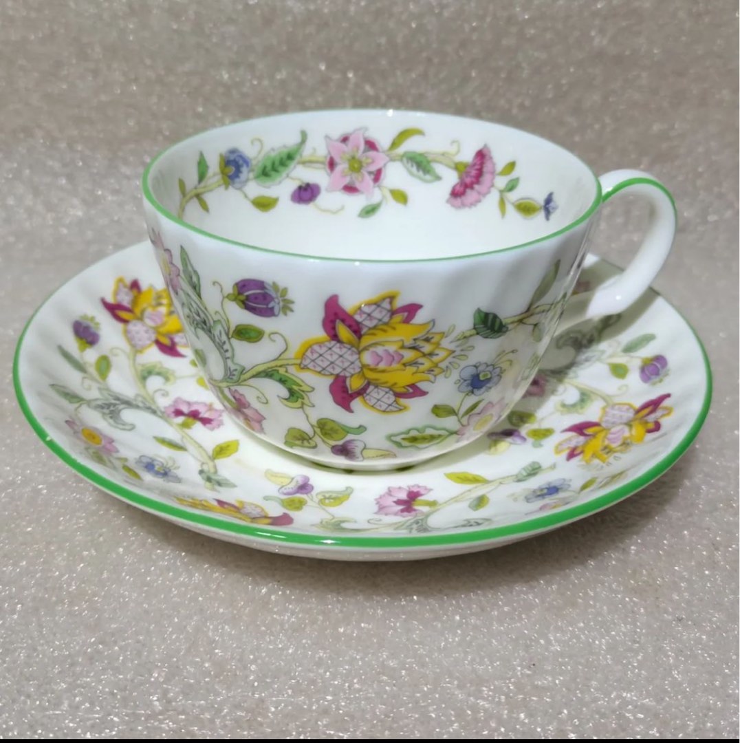 Minton Haddon Hall Cup and Saucer (Green rim), Furniture & Home Living, Kitchenware & Tableware