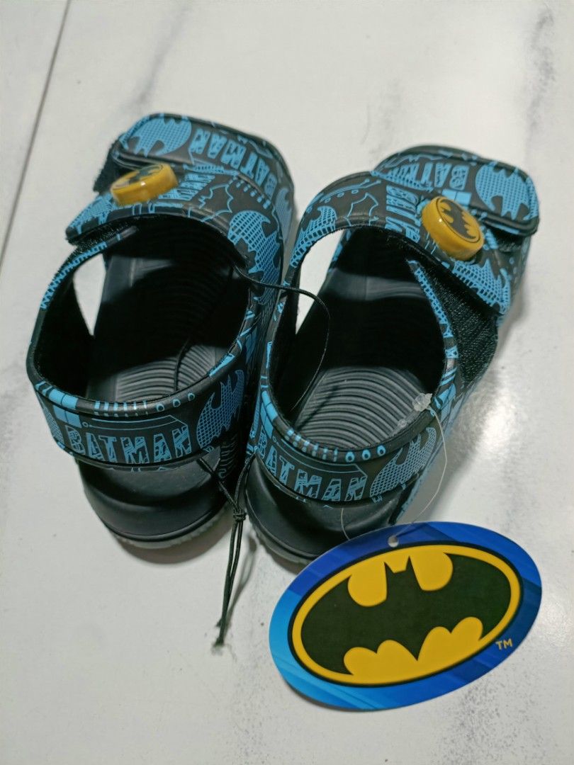 NEW Batman sandals slippers shoes black base light blue straps yellow button brand new with tag BNWT