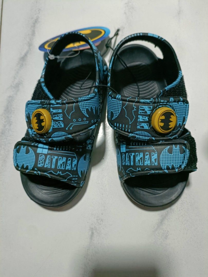 NEW Batman sandals slippers shoes black base light blue straps yellow button brand new with tag BNWT