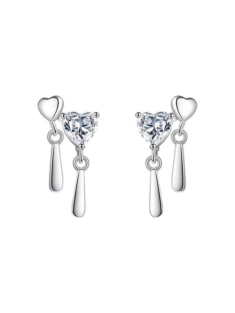 PO S925 DAINTY SILVER HEART RHINESTONE DANGLING EAR STUD