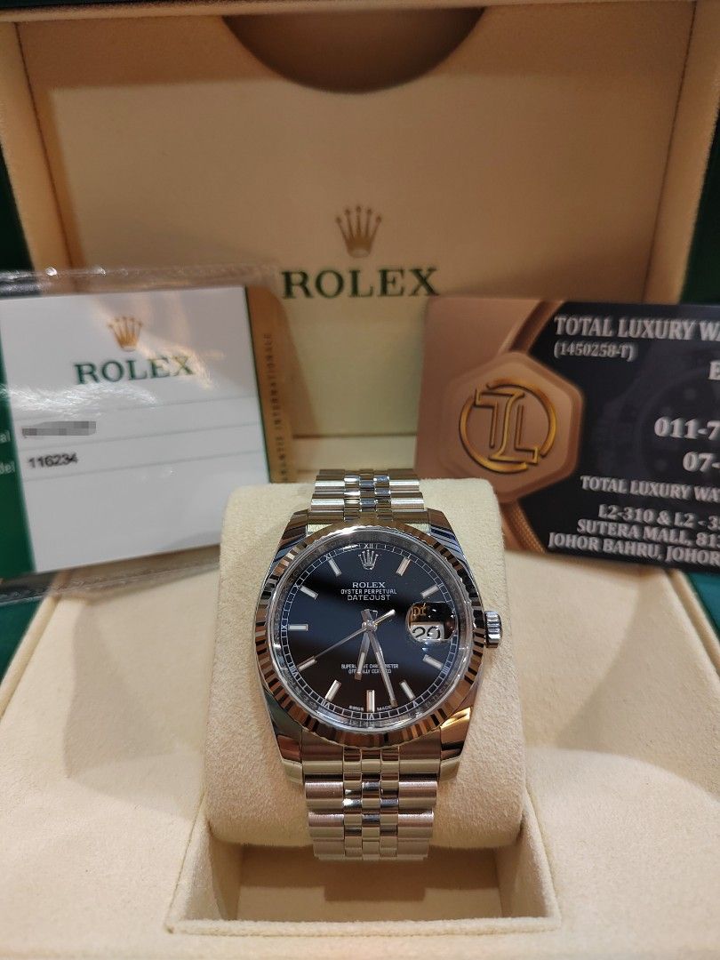 Pre owned 116234 Black Index Dial Rolex Datejust 36mm 2018 Luxury