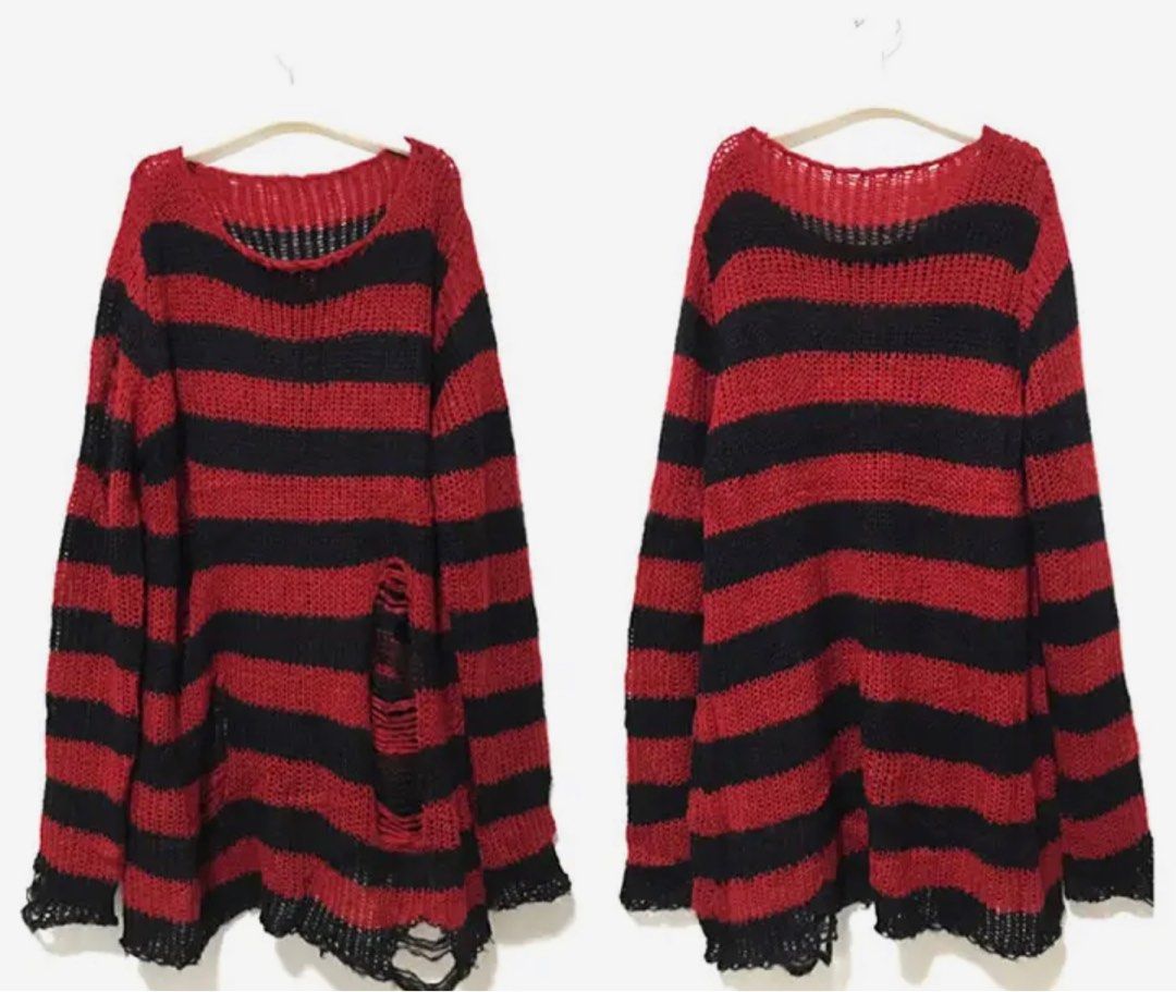 Red and black striped distressed sweater Women s Fashion Tops