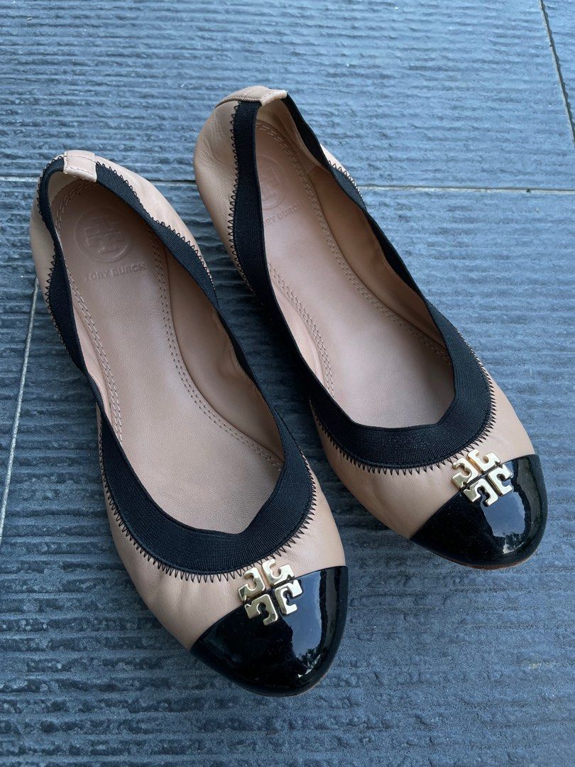 Preloved Authentic Tory Burch Jolie Ballet Flat Beige Black US7.5M