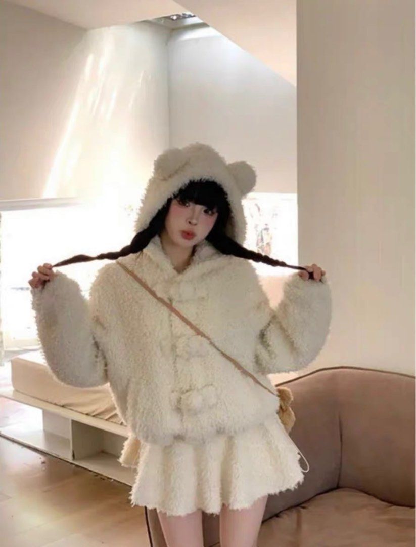 Winter Furry Bear Wool Cardigan Jacket Hoodie Coat with Mini Skirt Set