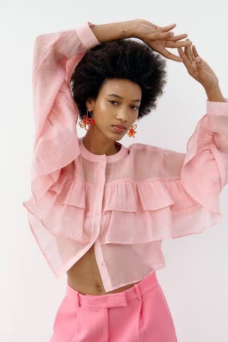 Pink Zara Semi Sheer Top Zara Ruffled Semi Sheer Top