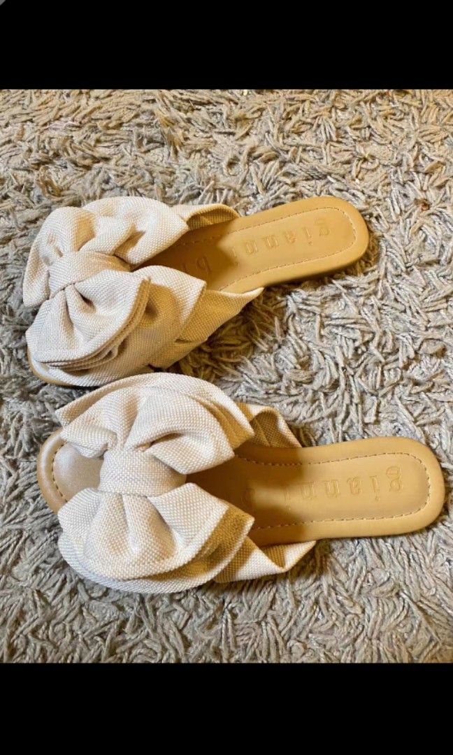 Zereena Raffia off white linen Bow Flat Slides boho bohemian
