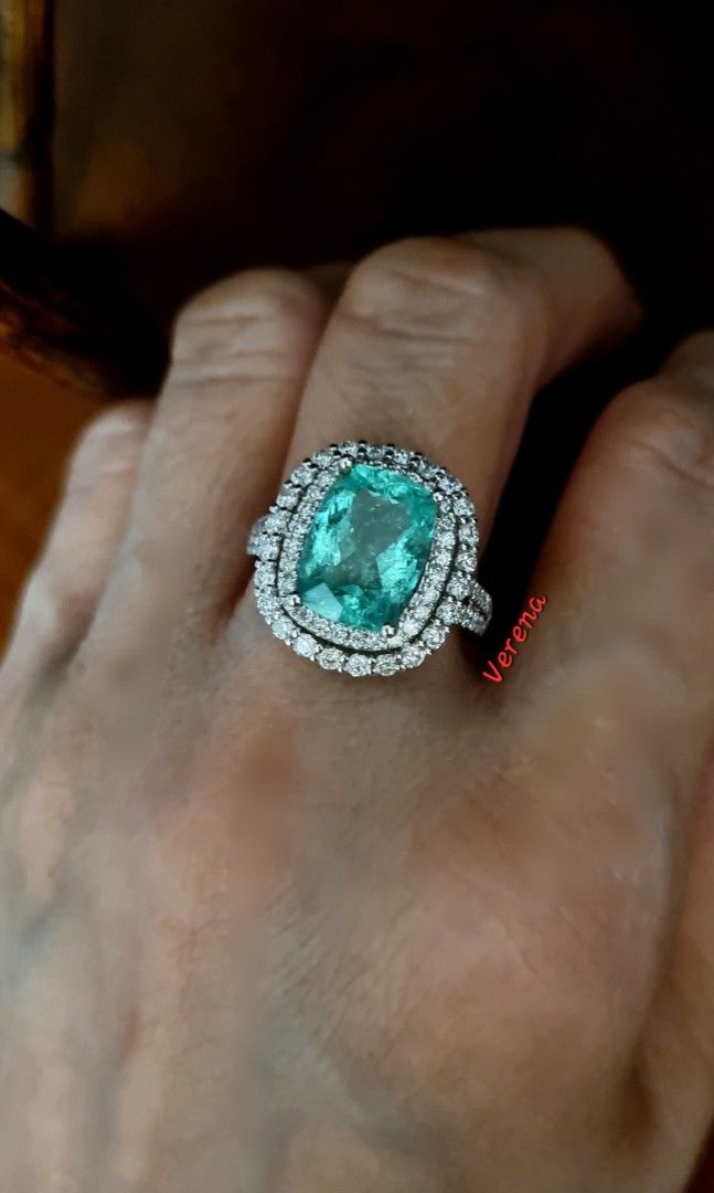 4.38 CT PARAIBA TOURMALINE DIAMOND RING IN 18K SOLID WHITE GOLD