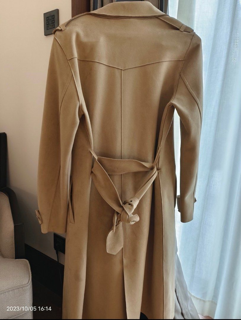 ZARA Basic Khaki Faux Suede Leather Trench Coat Long Jacket for Spring Autumn Winter